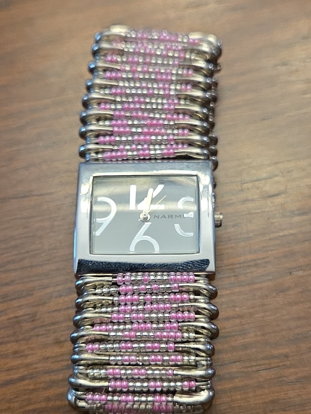 Women's Silver-Tone Watch with Pink Beaded Bracelet